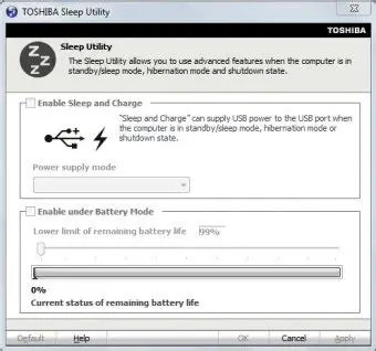 Features of the Toshiba Sleep and Charge Utility